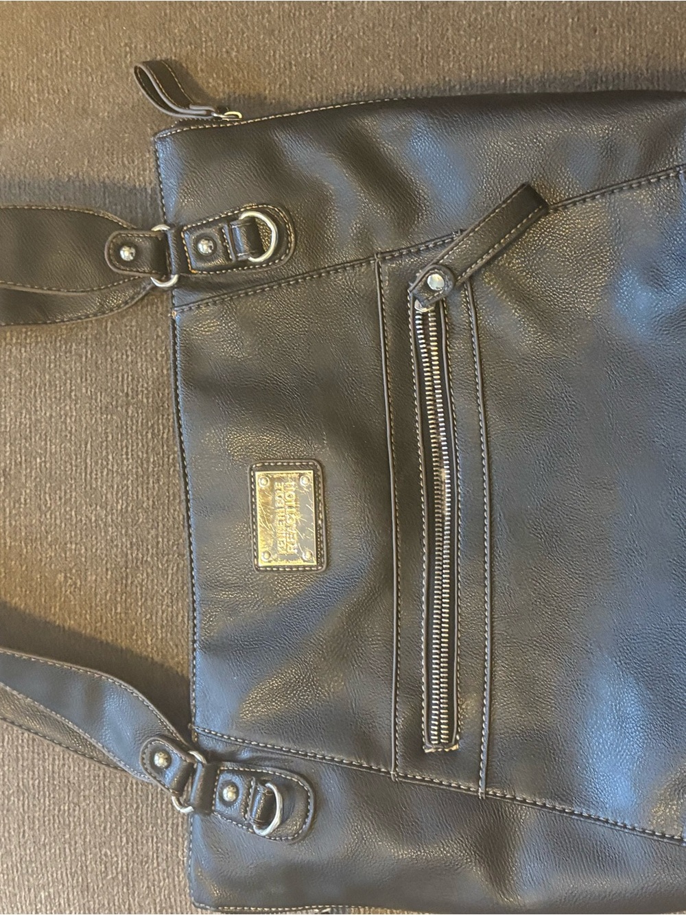 Kenneth Cole Black Faux Leather Shoulder Bag with Front Zip